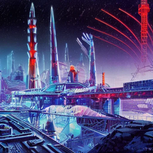 Prompt: industrial futuristic ice mine, with spaceships in the sky, long exposure, neon signs, tall shard structure in the centre of the background, cinematic, epic, 4 k, concept art by robert mccall