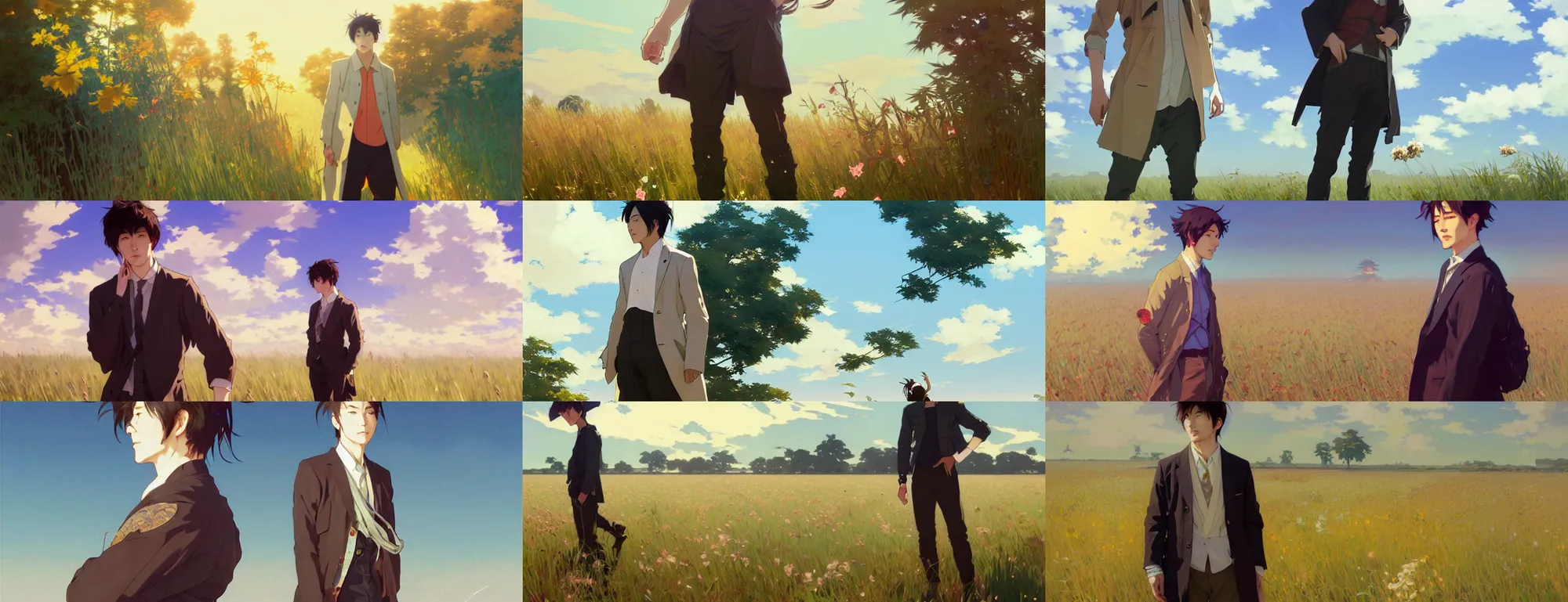Prompt: a trendy japanese adult male model standing in a sunny field by greg rutkowski and alphonse mucha, a screenshot by krenz cushart, pixiv contest winner, action painting, 2d game art, official art, award-winning, art by Studio Ghibli, by Chris Moore, high details