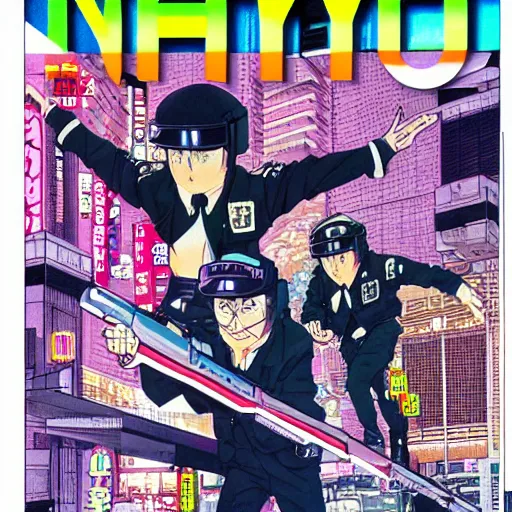 Image similar to 1993 Magazine Cover, Anime Neo-tokyo 4 bank robbers fleeing the scene with bags of money, Police Shootout, Highly Detailed, 8k :4 by Katsuhiro Otomo : 8