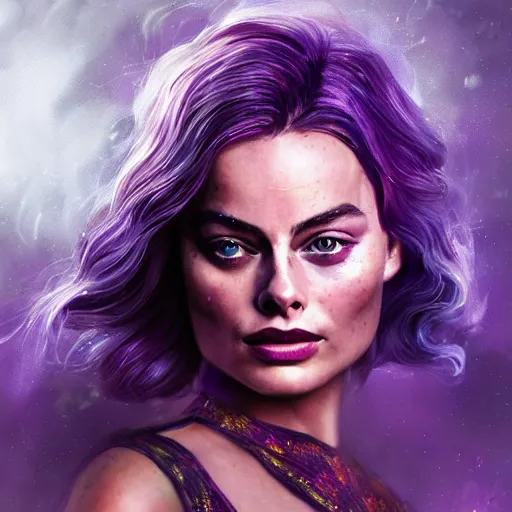 Image similar to a photo of Margot Robbie using her superpower of purple fire, ethereal fantasy, intricate, young and cute girl, beautiful, highly detailed, digital painting, artstation, dark fantasy art concept art, smooth, sharp focus, illustration