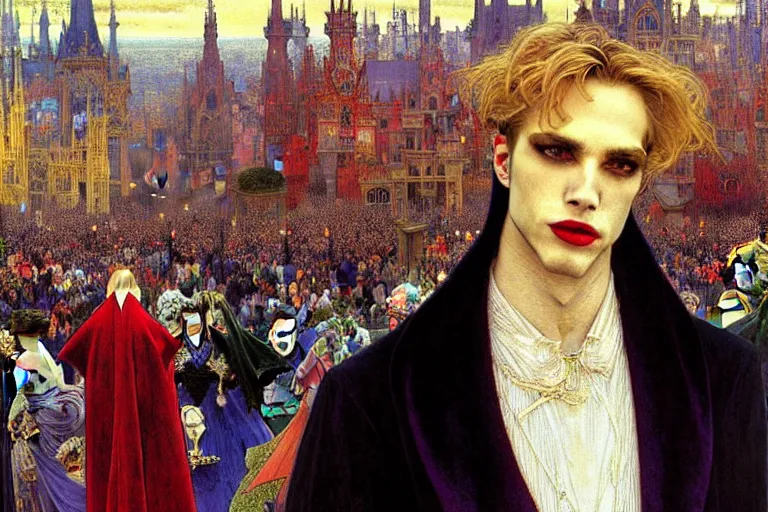 Image similar to realistic extremely detailed closeup portrait painting of an elegant blond male vampire in a cape, detailed crowded crowded city street on background by Jean Delville, Amano, Yves Tanguy, Ilya Repin, Alphonse Mucha, William Holman Hunt, Ernst Haeckel, Edward Robert Hughes, Roger Dean, rich moody colours