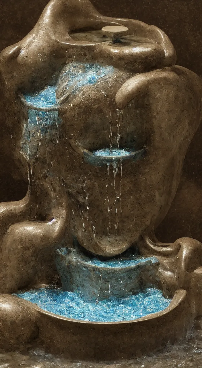 Prompt: a stream of water entering a biomorphic fountain and producing a coin, in the style of carlo scarpa, photographic , 8k