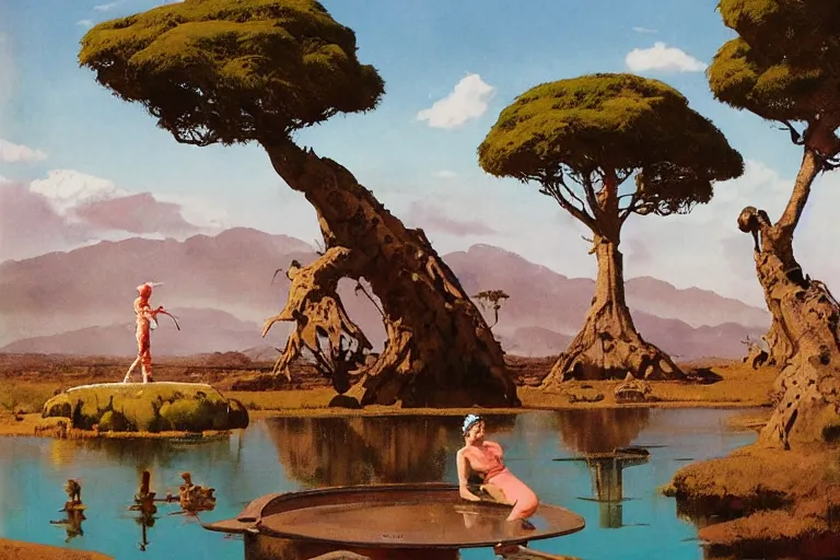 Image similar to 5 0 s pulp scifi illustration, space woman watches spacecraft land in beautiful landscape, pond, baobab trees, distant mountains, painted by norman rockwell, jack kirby, john berkey, bergey, craig mullins, ruan jia, raymond swanland, jeremy mann, beksinski, tom lovell, alex malveda, schomburg