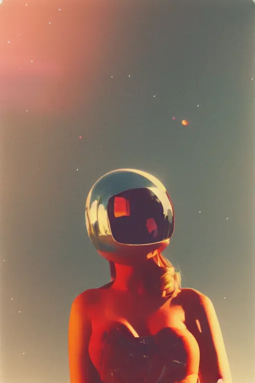 Prompt: analog polaroid portrait of a young woman wearing a chrome space helmet, bright red lipstick, barbarella, Hajime Sorayama, sheen, red reflections, unreal engine, azure sky, big clouds visible, sunlight, reflection, sparkles, space, stars, nebula, lensflare, film grain, depth of field, color bleed