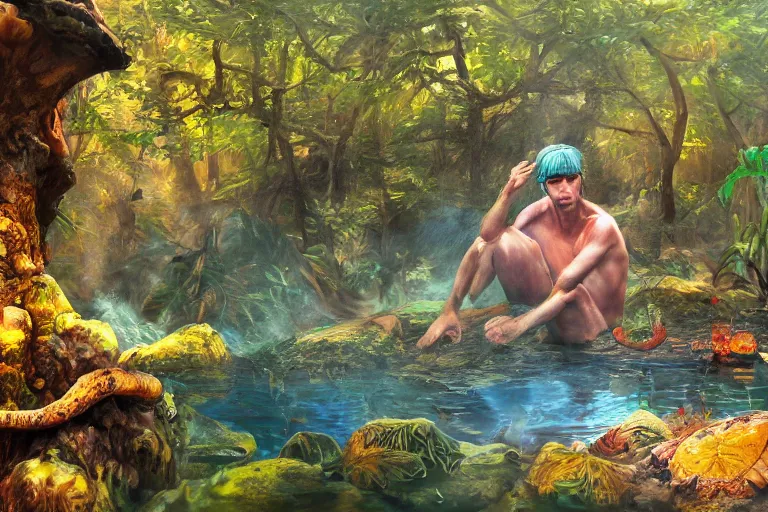 Image similar to highly detailed oil painting of a reptile man sitting in a steaming colorful hotspring with woodland forest backdrop, featured on artstation