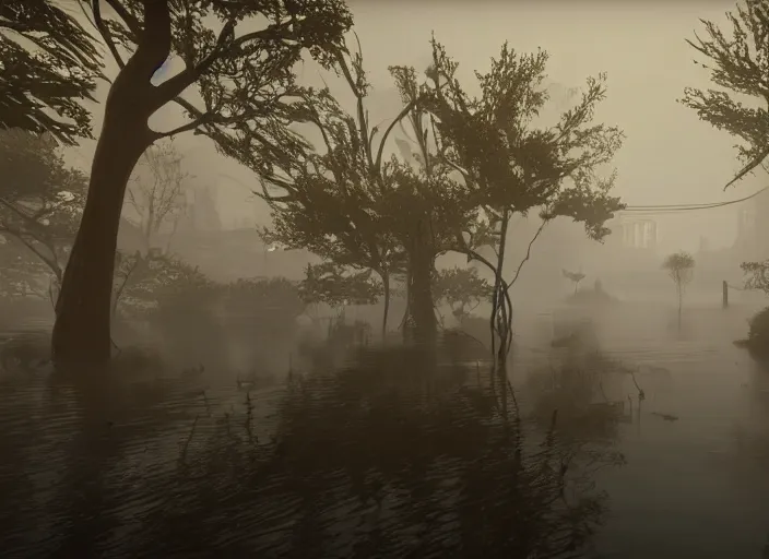 Image similar to dark, misty, foggy, flooded new york city street swamp in Destiny 2, liminal creepy, dark, dystopian, abandoned highly detailed 4k in-game destiny 2 screenshot gameplay showcase