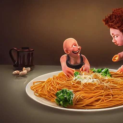 Image similar to Papayathief and James fight over pasta, hyperrealistic render, highly detailed, 4k, artstation