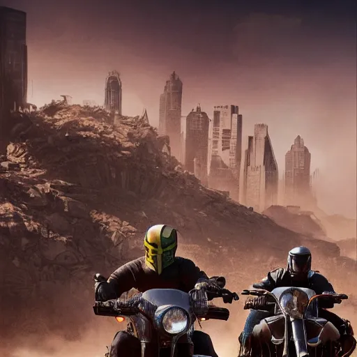 Image similar to four judges on big motorcycles from Judge Dredd riding across the Cursed Earth with a trail of dust behind them, and the ruins of Minneapolis ahead. Hyperrealistic, artstation, movie poster art