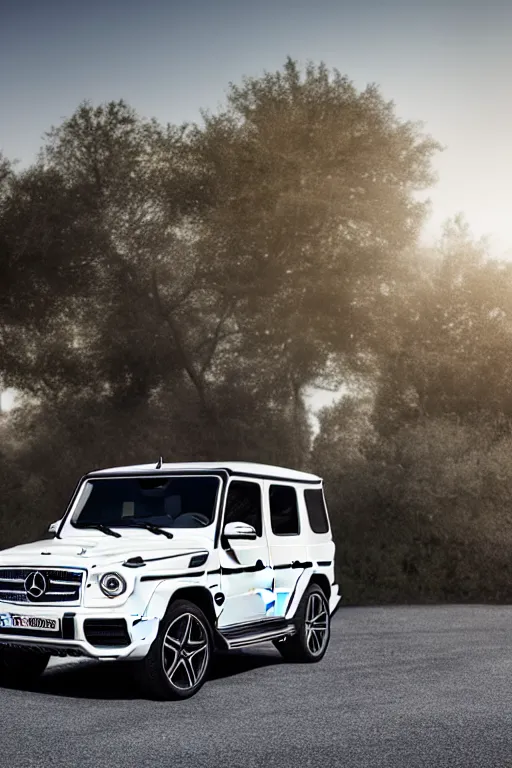 Prompt: Photo of a white 2019 Mercedes-Benz G63, daylight, front view, studio lighting, high resolution.