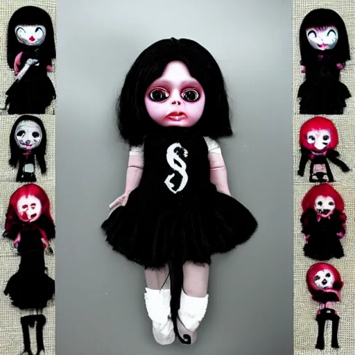 Image similar to creepy doll cursed witchcraft black eyes toy Lovecraftian dark black background doll old shamanic hair satanic