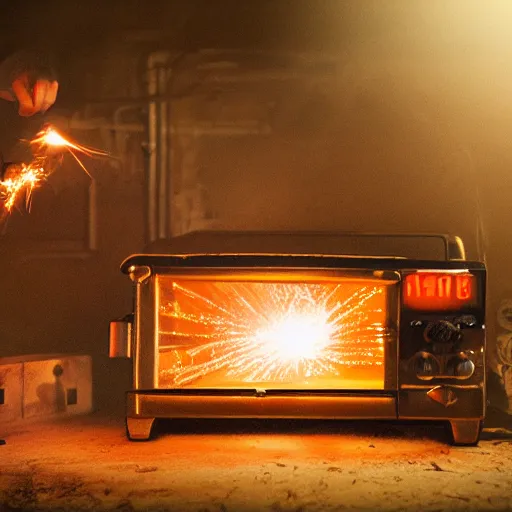 Image similar to cyborg toaster oven repairman, dark messy smoke - filled cluttered workshop, dark, dramatic lighting, orange tint, sparks, plasma rays, cinematic, highly detailed, sci - fi, futuristic, movie still, rule of thirds composition