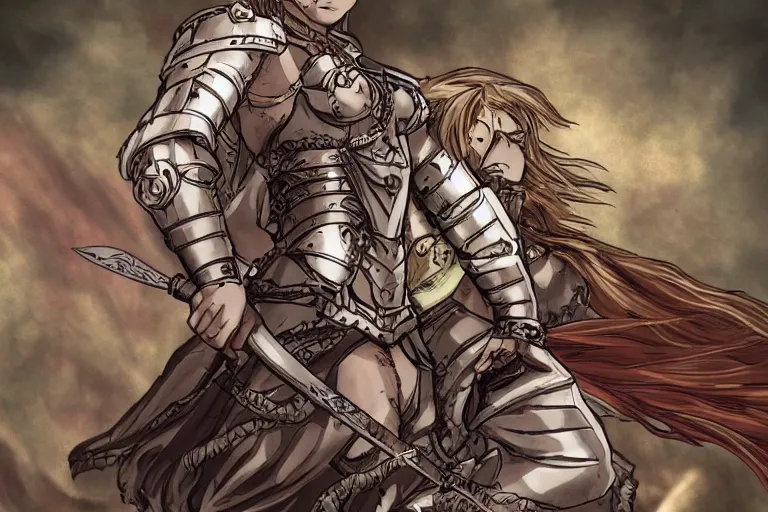 Prompt: A beautiful female warrior with a sword and shield overlooking a grand battlefield in the style of Overlord by studio madhouse and berserker by Kentaro Miura, in color, zoomed out, high angle, anime style