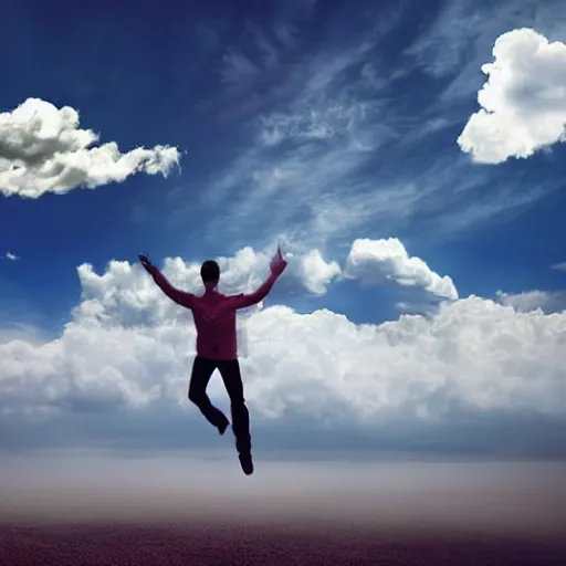 Prompt: a man floating in the sky, his past and the clouds are behind him