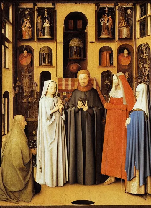 Prompt: Medici family by Jan van Eyck, Hieronymus Bosch, highly detailed medieval painting,