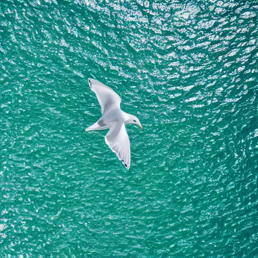 Image similar to simmetrical photo of a seagull flying seen exactly from above. Watching down. Seagull seen from above. 4k still award winning. Pleasant look and colors. Sea on the background.