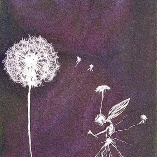 Prompt: a beautiful fairytale painting of a dandelion seed that looks like a fairy. beautiful clear painting by arthur rackham