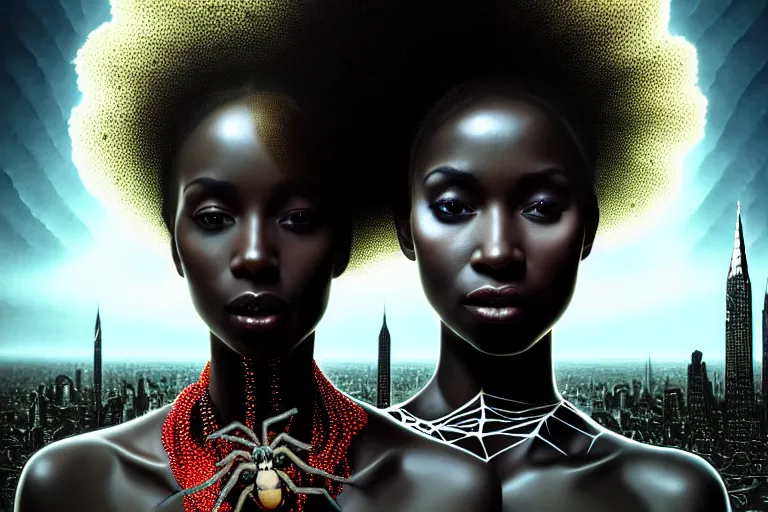 Image similar to realistic detailed photorealistic film portrait shot of a beautiful black woman with a giant spider, sci fi city landscape background by denis villeneuve, amano, yves tanguy, alphonse mucha, ernst haeckel, david lynch, edward robert hughes, roger dean, cyber necklace, dynamic pose, rich moody colours, wide angle