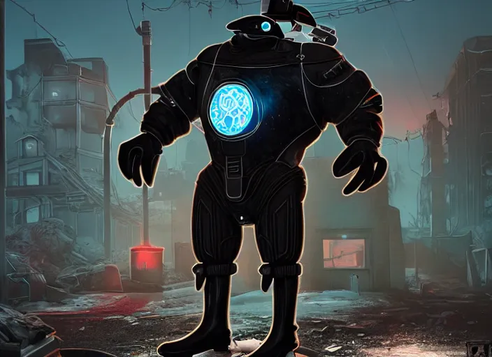 Prompt: buffed cyber penguin in fallout 4, horror scene, artgerm, rutkowski, tooth wu, beeple, and intricate