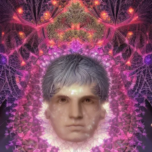 Prompt: an idealistic man, stern face, clear eyes, with shining armour and fractal flowery hair in a fractal garden, glowing delicate flower and ferns that grow in a dark fatansy forest on the planet pandora,