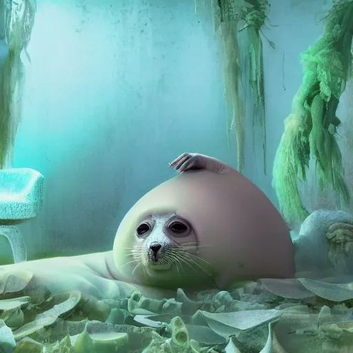 Image similar to Prince in pastel!!!, whimsical acrylic modern pop surrealism, Even Giger-y dark overlords living in the ruins of an ancient system of tunnels and caves like to be comfy every once in a while!, A seal sleeping peacefully in a kelp forest, cinematic, hyper realistic, detailed, 8k, octane render.
