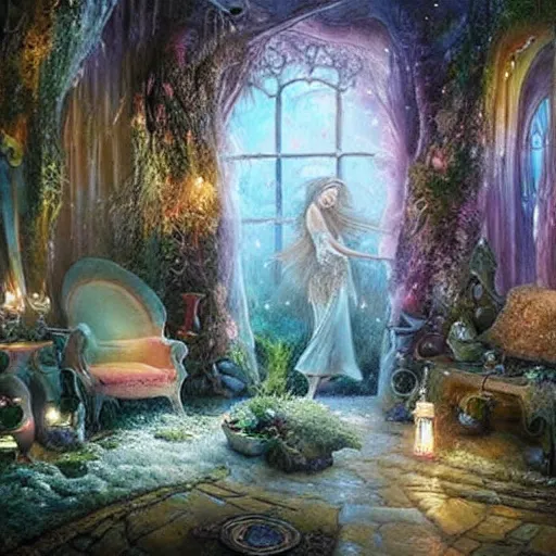 Image similar to a beautiful interior of a fairy castle's hall,, fully decorated, furnished with fairy furniture, fairy aesthetics, fairy lights, fairycore!!! magical realism, fantasy nvironment art by scot howden, greg rutkowski, and elena dudina. high details, magical and in soft colour palette, dreamy