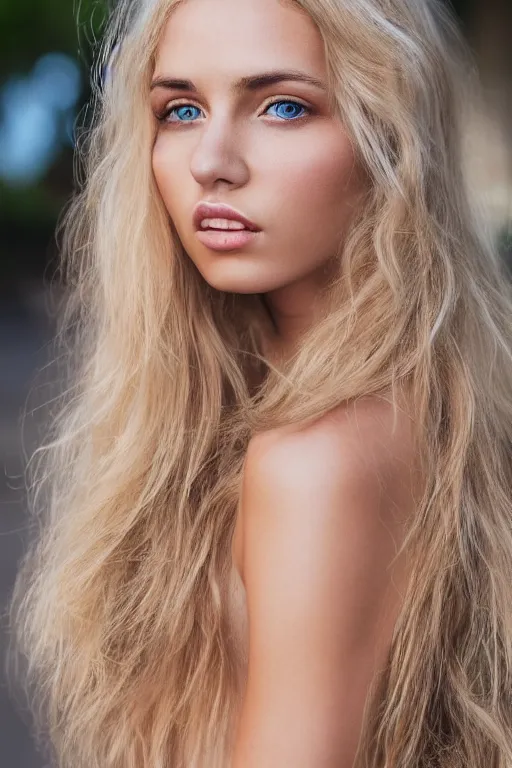 Image similar to head shot photo of a olive skinned blonde female model in her twenties, silky hair, wearing a designer top, looking content, photo realistic, extreme detail skin, natural beauty, no filter, slr, golden hour, 4 k, high definition, selfie