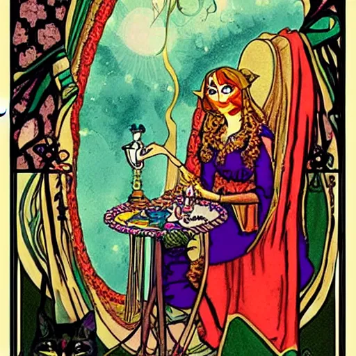 Prompt: Gypsy lady doing tarot card reading inside a gypsy caravan surrounded by cats in art nouveau style