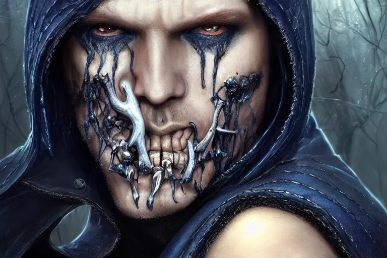 Image similar to ultrarealistic male mage dark blight infected face portrait fighting, long black hair blue eyes wearing leather mantle gothic navy cloak with leather details, infected skull plants, octane render, extreme intricate details, elegant, cinematic lighting, highly detailed, dnd fantasy character art, cgsociety, sharp focus, beautiful digital painting by artgerm, gerald brom, wlop, alphonse mucha
