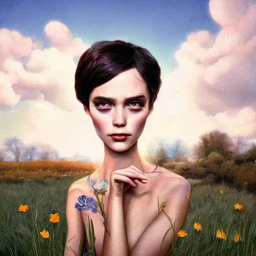 Image similar to Lofi portrait in a field, Pixar style by Tristan Eaton and Stanley Artgerm and Tom Bagshaw and Tim Burton