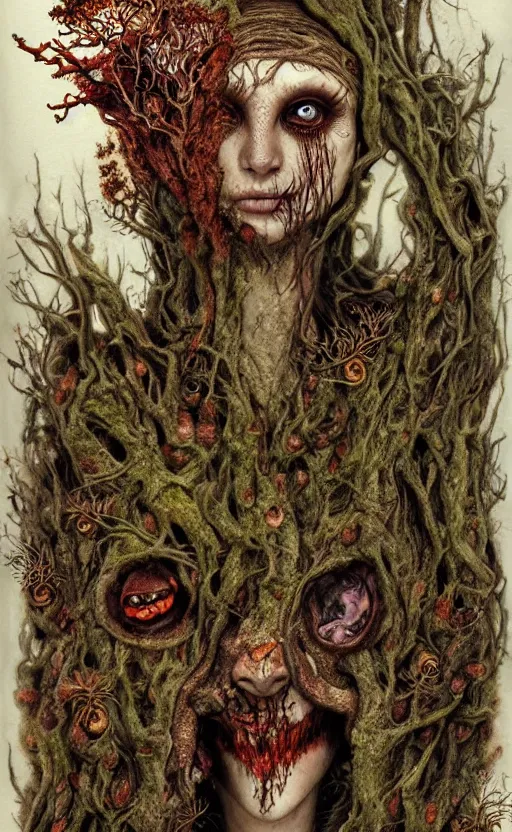 Prompt: rotten tree spirit dryad with a beautiful face and flaming mouth and eyes, mushrooms, fungi, lichen, sketch lines, graphite texture, old parchment, guillermo del toro concept art, justin gerard monsters, intricate ink illustration