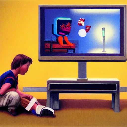 Image similar to a boy playing a video game on a wood panel CRT tv 1985 late at night oil on canvas