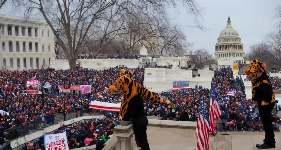 Prompt: Tony the Tiger at the January 6 attack on the US Capitol