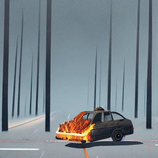 Image similar to the burnt frame of a car on fire on the side of the road in wither, by simon stalenhag