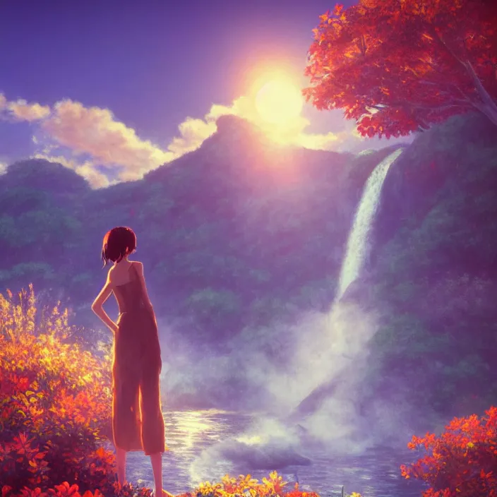 Image similar to an epic makoto shinkai and renoir landscape with a hawaiian waterfall, golden hour, 🌺, a beautiful woman with long brown hair, ultra smooth, octane render, lois van baarle, ilya kuvshinov