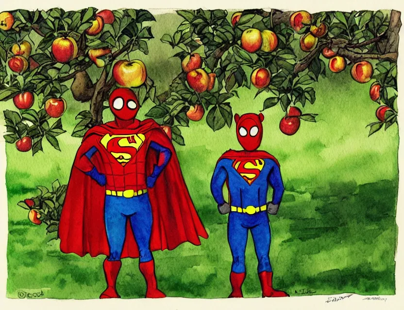 Prompt: cider - man, the superhero who really likes apple juice, in an orchard. this watercolor painting by the award - winning comic artist has dramatic lighting, an interesting color scheme and great sense of depth.