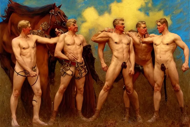 Image similar to the four horsemen of the apocalypse, painting by tom of finland, gaston bussiere, craig mullins, j. c. leyendecker
