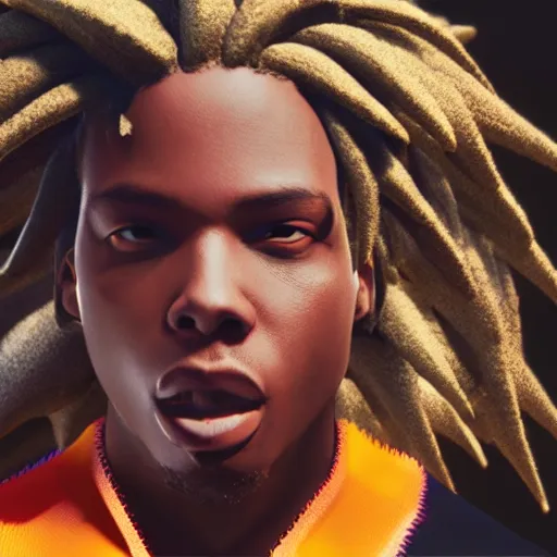 Image similar to denzel curry with super saiyan hair, rendered in unreal engine 5, volumetric lighting, shading