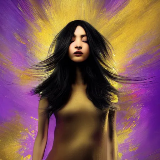 Image similar to masterpiece dynamic portrait of an aesthetic beautiful realistic black haired woman, gold and purple strands, 3 0 years old woman, mid long hair, black eyed, by joachim bergauer and wlop, artstation, deviantart, large view, motion blur, high aperture, pouring acrylic chaotic background, curves and splashes, detailed, intricate, 8 k