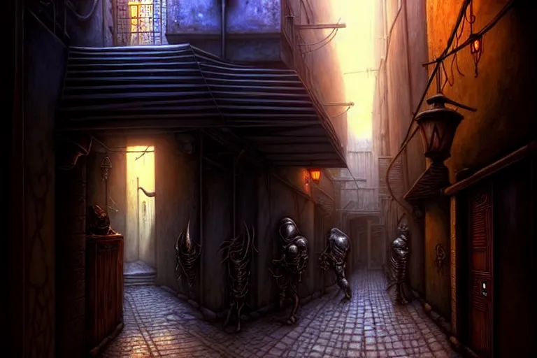 Image similar to a shadowy alleyway in the city of tyr from athas, amazing dark sun d & d art, by gerald brom, by wlop, intricate details, ultra realistic, beautiful, volumetric lighting, warm colors advance cool colors recede, cell shading, 8 k, by james gurney, by greg rutkowski, trending cgsociety, artstation