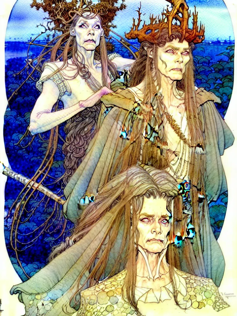 Image similar to a beautiful and very detailed character concept watercolour portrait painting by alan lee, rebecca guay, michael kaluta, charles vess and jean moebius giraud of a sanna marin, the prime minister of finland as a druidic wizard