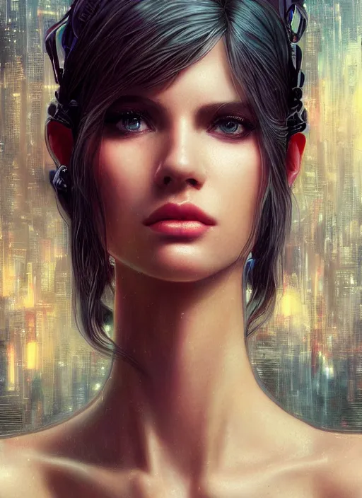 Prompt: beautiful young woman, gorgeous face, sad eyes, tears, bladerunner city landscape, cybernetic, wires, technology, vaporwave aesthetic, synthwave, intricate, elegant, highly detailed, digital painting, artstation, concept art, smooth, sharp focus, illustration, art by artgerm and greg rutkowski and alphonse mucha
