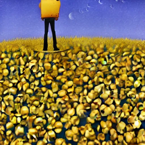 Image similar to man stands on a meadow made of popcorn, fantasy art