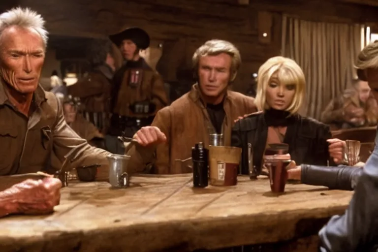 Prompt: film still of clint eastwood 3 0 years old as blondie aiming a colt in tavern scene in new star wars movie 4 k