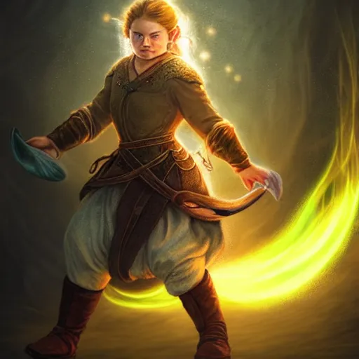 Image similar to full body portrait of a female halfling hobbit monk fistfighter, hallucinating a holy vision of her goddess of mist and light, flowing robes and leather armor, detailed dynamic light painting by albrecht anker