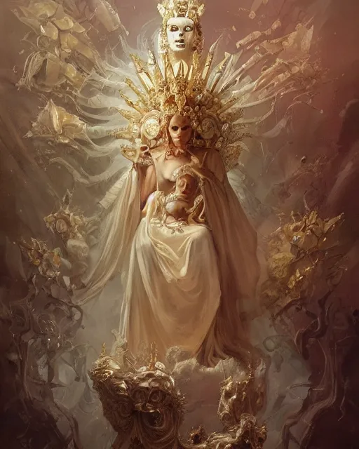 Prompt: 4k cinematic full view ethereal Skeleton wearing intricate religious gilded Madonna crown ivory rococo dress sitting on a throne , by Peter Mohrbacher, by Ruan Jia, by Greg Rutkowski, detailed and realistic, poetic and symbolic, Trending on Artstation