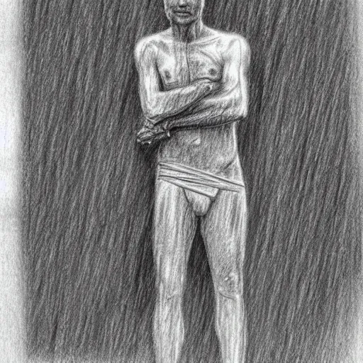 Image similar to a drawn man standing in the rain. pencil sketch.