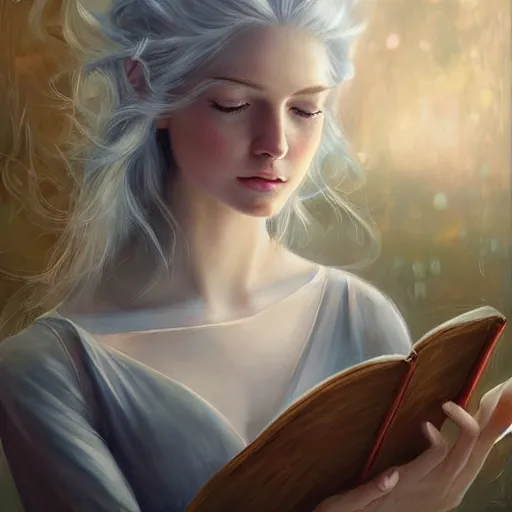 Image similar to a girl reading a book, hair flowing down, 8 k, hyperrealistic, hyperdetailed, white hair, blue eyes, fantasy portrait by laura sava