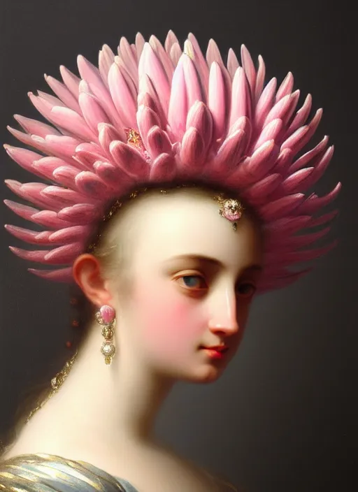 Prompt: stunning italian godess princess, detailed pink and white protea head peace against a black backdrop by ivan aivazovsky, wlop, super sharp details, photorealism, 5 0 mm lens, oil painting, beautiful soft lighting, muted colours, artstation