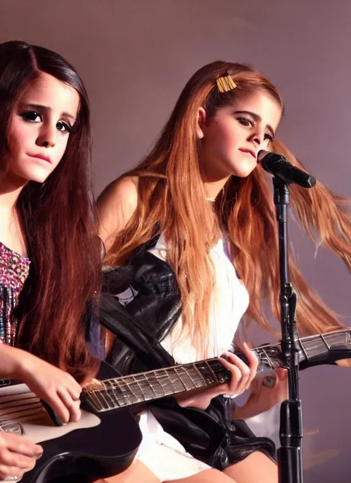 Image similar to beautiful, award winning photo of ariana grande on guitar and emma watson on drums in a 1 9 7 0 s rock and roll band. live at the woodstock concert, symmetrical eyes, 8 k, studio lighting t