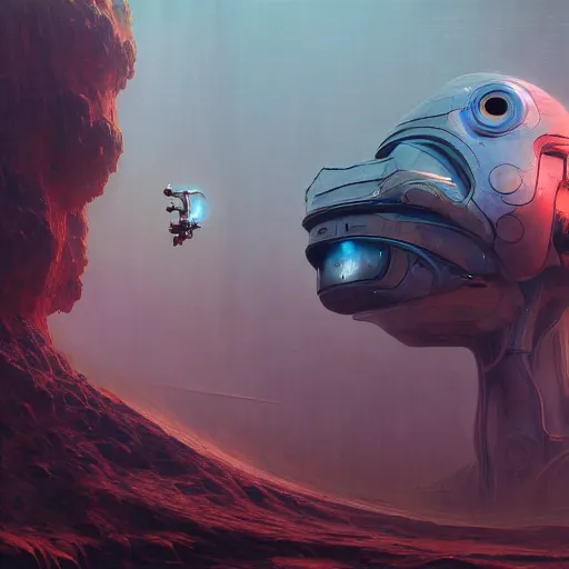 Prompt: expressive digital concept art of a high - tech robot on a depth of field background, artstation, award - winning realistic sci - fi concept art by jim burns and greg rutkowski, beksinski, a realism masterpiece, expressive color palette, james gilleard, bruegel, alphonse mucha, and yoshitaka amano